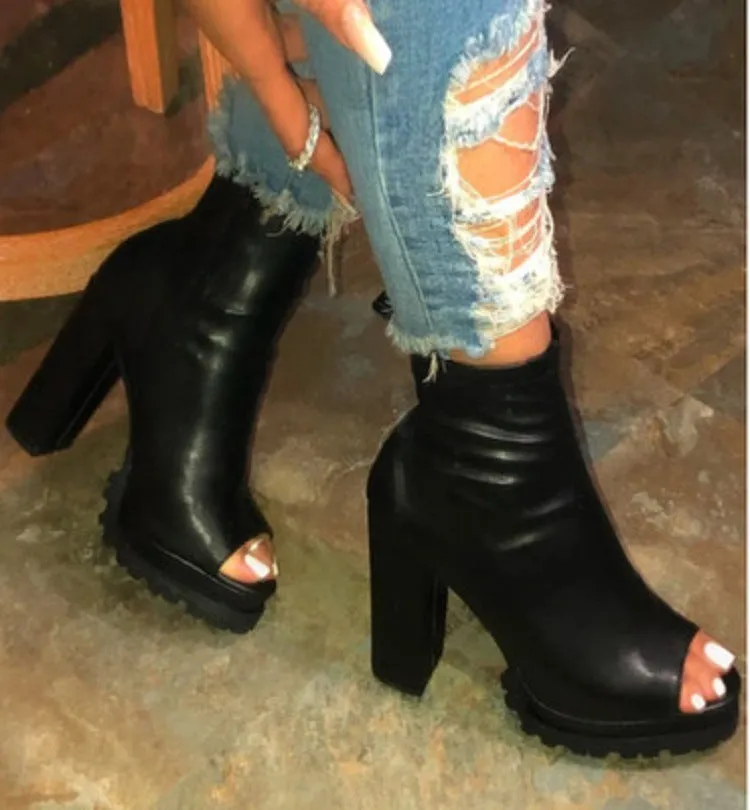 Fish mouth thick heel high heel ankle boots（HPSD112）