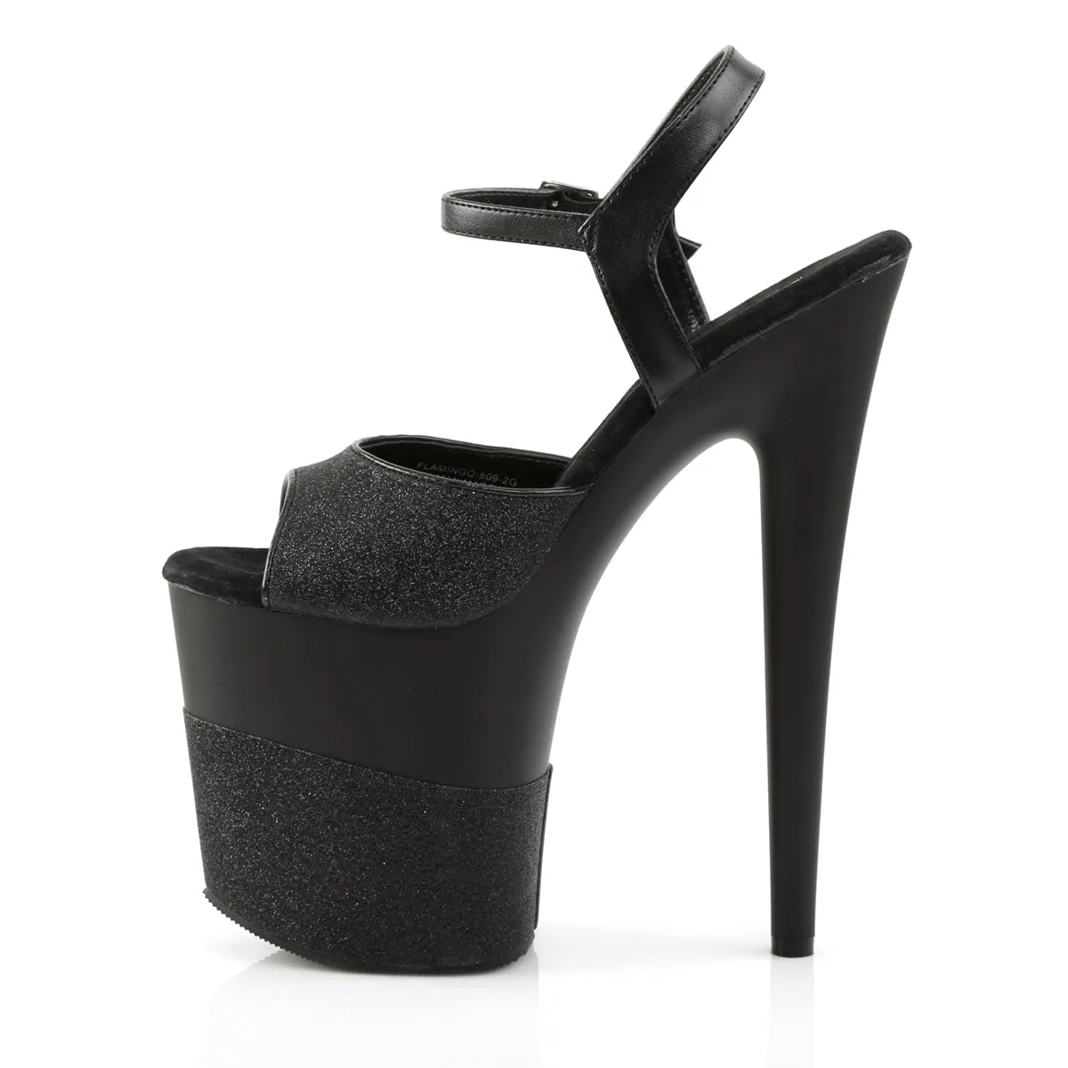 Flamingo 809-2G Ankle Strap Black Upper Glitter Platform 8" Heels