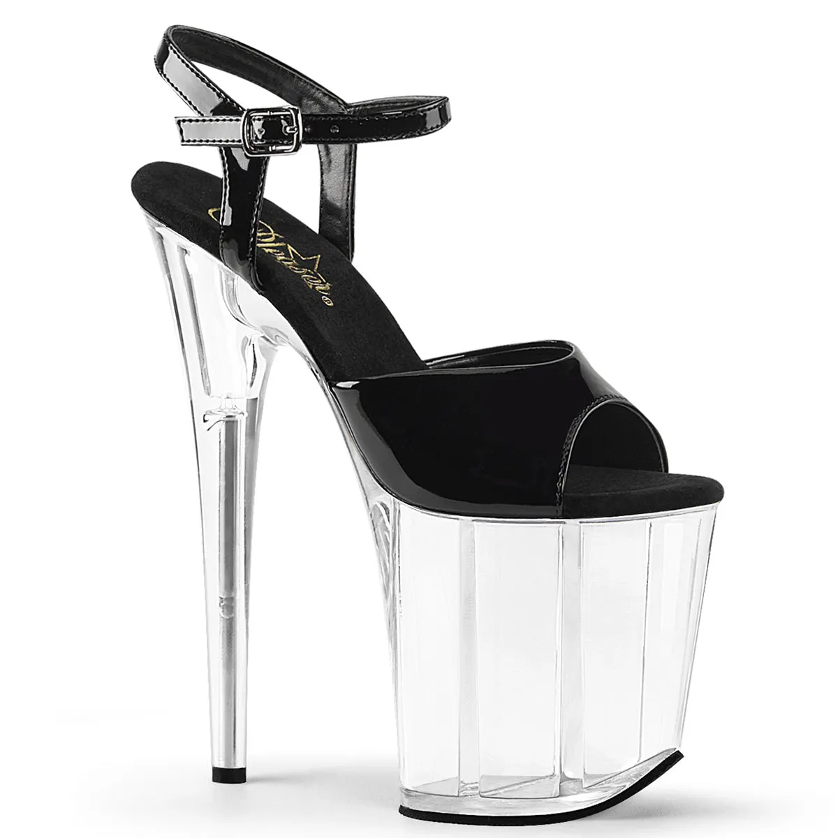 Flamingo 809 Ankle Strap Black Patent Clear Platform 8" Heels Shoes