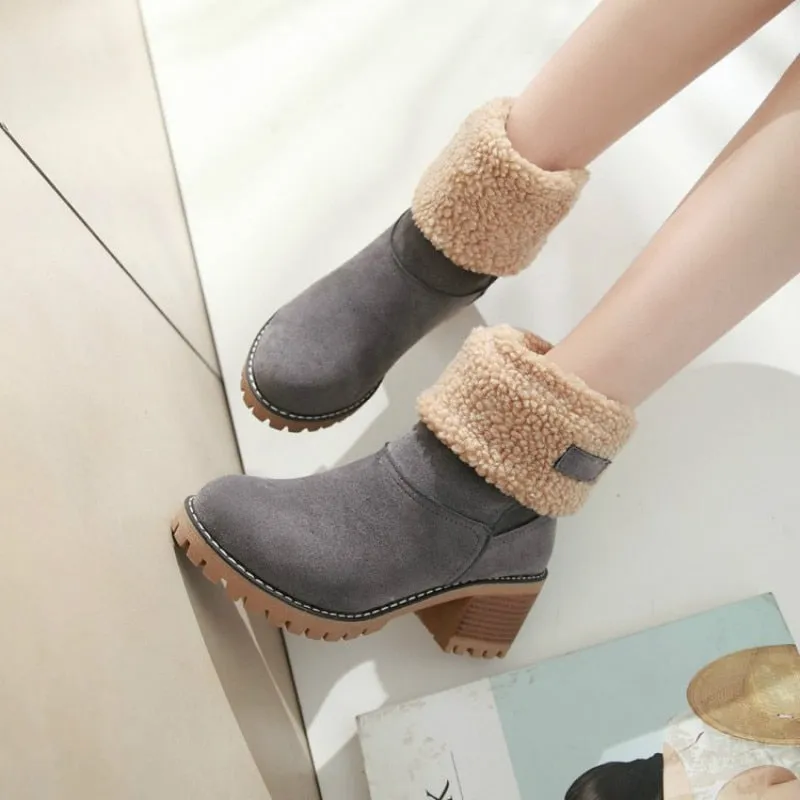 Fur Lined Platform Women's Round Toe Flat Ankle Snowboots