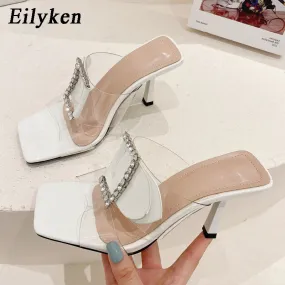 kamames Brand Buckle Crystal Rhinestones Women Slipper Summer Fashion Jelly Square Toe High Heels Party Slide Shoes