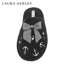 Laura Ashley Ladies Embroidered Soft Terry Anchor Scuff Slipper Black Size M