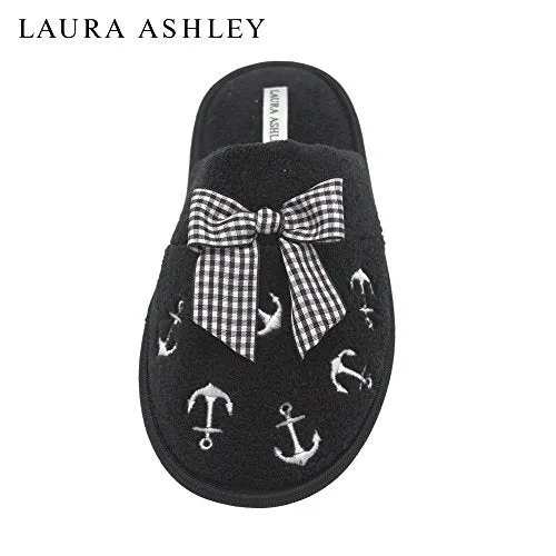 Laura Ashley Ladies Embroidered Soft Terry Anchor Scuff Slipper Black Size XL