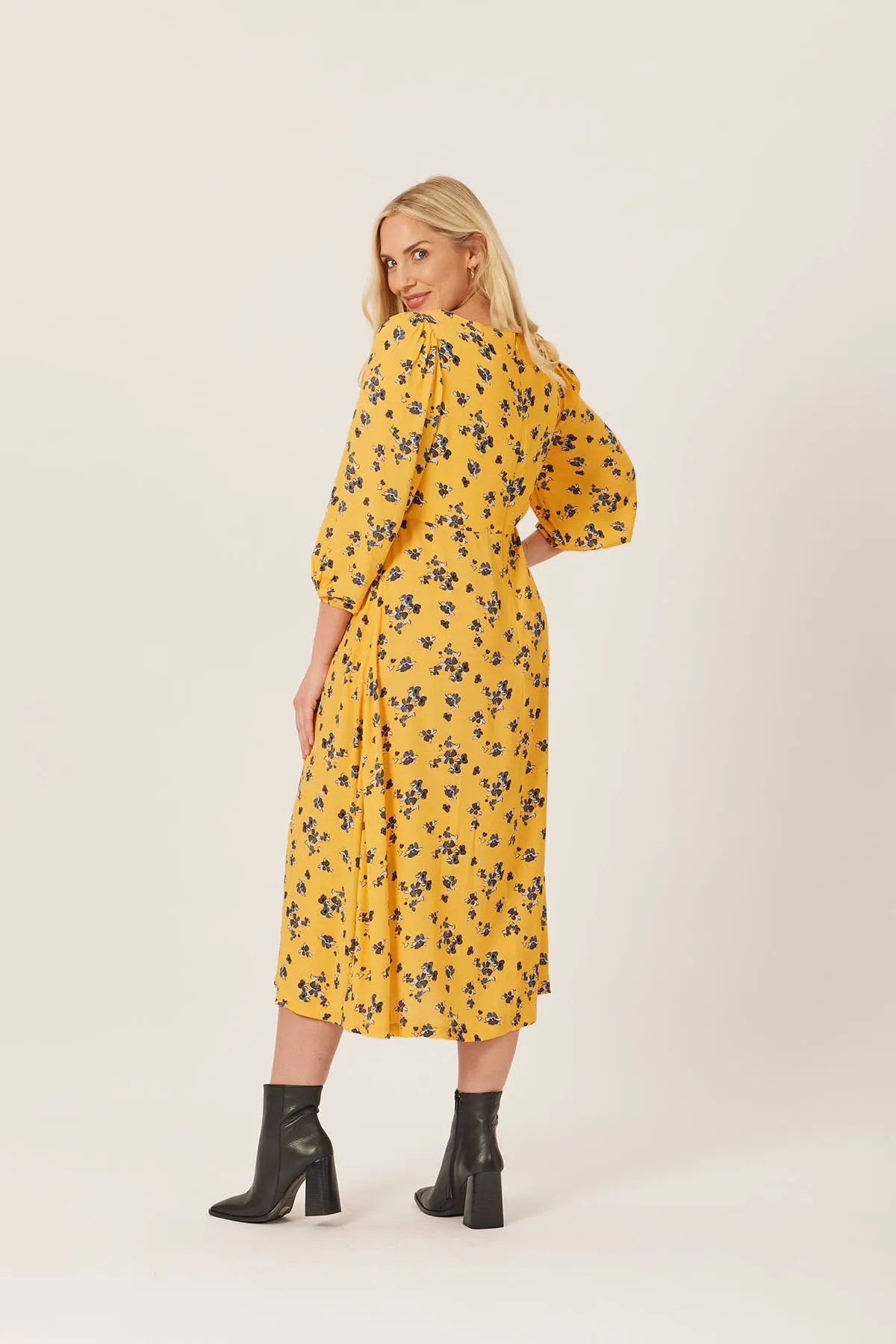 Molly - Sweetheart Midi Dress - Yellow Floral (Unbagged)