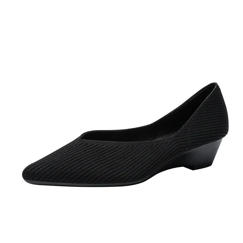 Women's Breathable Knitted Shoes Wedge Heel Shoes Pointed Single Shoes  Soft Sole
